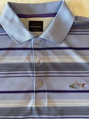 Greg Norman Collection Light Blue Striped Polo with Navy & Purple Accents